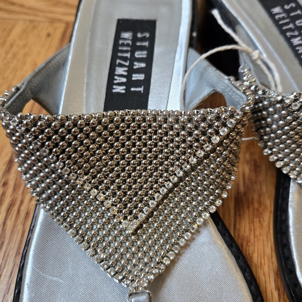 Vintage NWOB Stuart Weitzman Silver Metal Beads and Rhinestones Thong Sandals - Picture 2 of 10